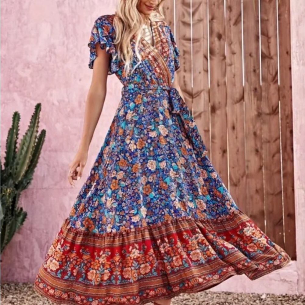 Multi-colored Boho Floral Print Maxi Dress